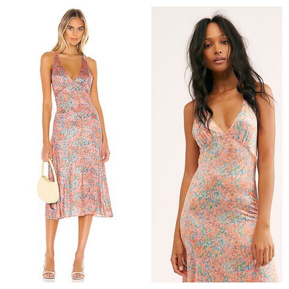 Free People Nowhere To Be Slip Dress Medium Midi Coral Floral Stretch Satin - Picture 1 of 14